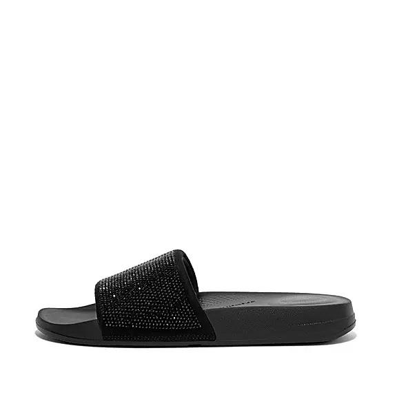 Fitflop Iqushion Water-Resistant Crystal Slides Black Womens - South Africa (MJOL93214)